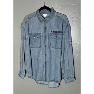 Sundance Women's Large Chambray Denim Long Sleeve Embroidered Button Down Aztec